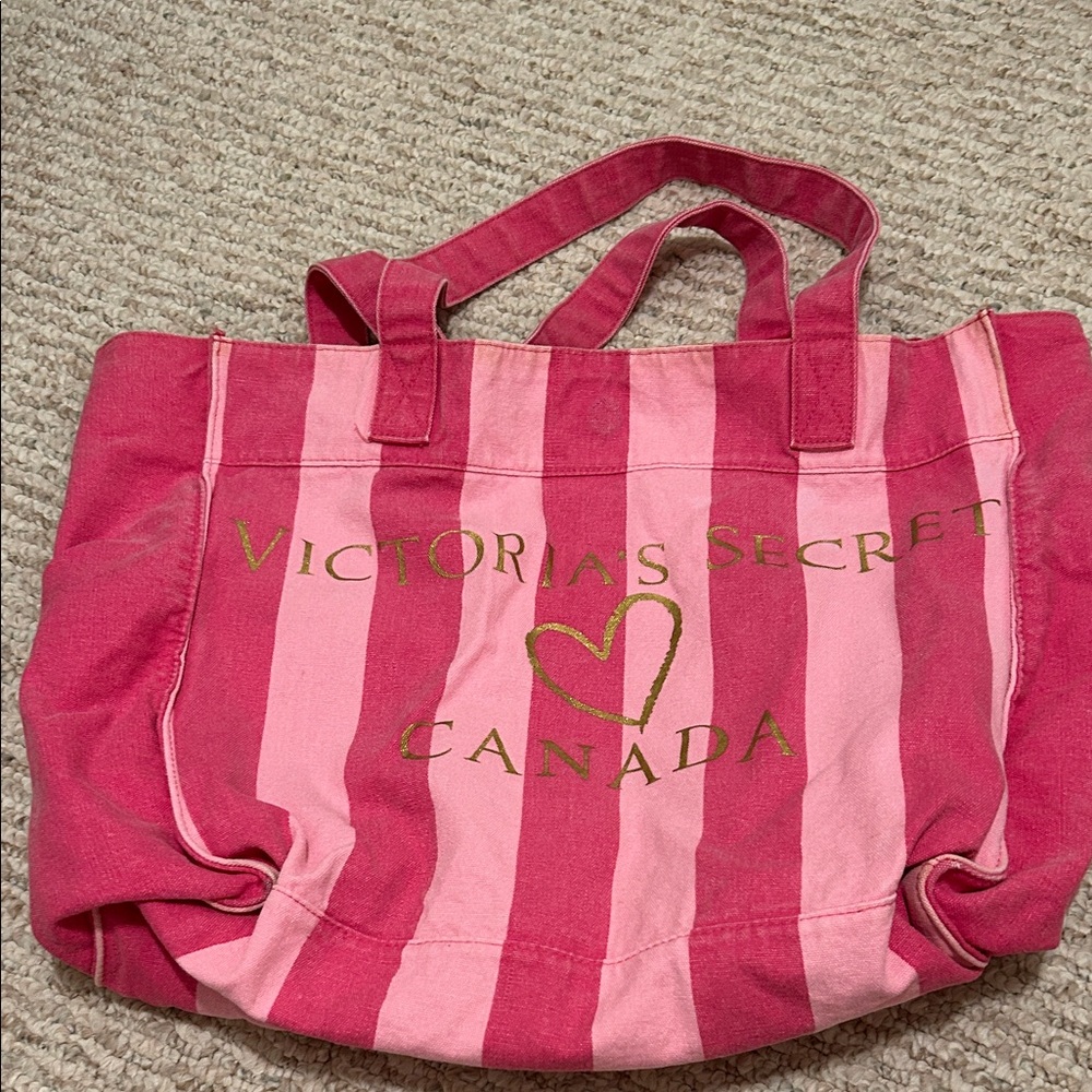 Victoria's Secret Pink and Gold Striped Tote - reversible bag Pink ❤️ Canada 🇨🇦